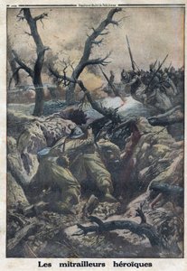 1914-1918年第一次世界大战（14-18战争）。法国机枪手向德军进攻时射击。载于 "小报"，1916年4月9日。私人收藏 作者 匿名匿名