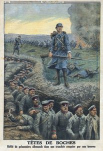 1914-1918年第一次世界大战（14-18战争）。"头颅"：在法军部队征服的战壕里玷污了德国俘虏。在 "Le Petité Journal "上，1916年3月5日。私人收藏 作者 匿名匿名