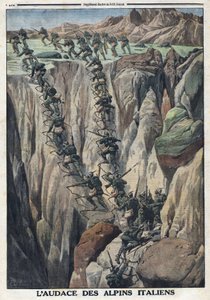 1914-1918年第一次世界大战（14-18战争）。意大利士兵爬上意大利菲姆阿尔卑斯山的卡乌里尔山顶。载于《小报》，10月8日 作者 匿名匿名