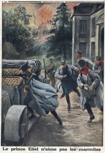 1914-1918年第一次世界大战（14-18战争）。普鲁士的艾特尔-弗雷德里克王子（1883-1942）在库洛米耶镇的英军逼近时逃跑。在 "Le Petite Journal "上，1916年10月1日。私人收藏 作者 匿名匿名