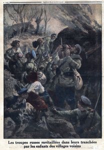 1914-1918年第一次世界大战（第14-18次战争）。俄国军队在战壕里为邻近村庄的儿童加油。载于 "小报"，1916年4月2日。私人收藏 作者 匿名匿名