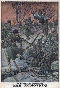 1914-1918年第一次世界大战（14-18战争）。骑着滑雪板的俄罗斯士兵Ahotniki射杀德国士兵。在 "Le Petite Journal"，1916年1月23日。私人收藏 作者 匿名匿名