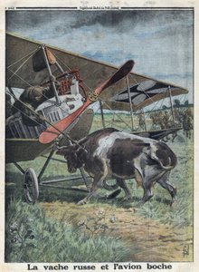 1914-1918年第一次世界大战（第14-18次战争）。俄罗斯的奶牛阻止德国军队的飞机下降。在 "Le Petite Journal"，1916年10月22日。私人收藏 作者 匿名匿名