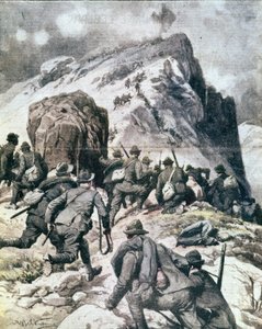第一次世界大战："意大利高山猎人（alpino或alpini）爬上意大利阿尔卑斯山的Cauriol山顶" 1916年插图来自 "La domenica del corriere" 作者 匿名匿名
