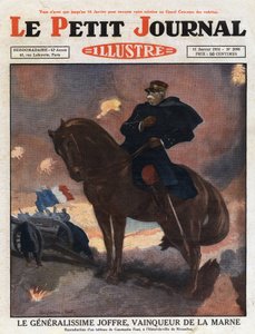 第一次世界大战：约瑟夫-若弗尔将军（1852-1931）在马背上的画像，代表着拉马恩战场上的胜利者（1914年9月）" 插图来自康斯坦丁-冯特的画作。雕刻自1931年的《Le petit journal illustrious》。 作者 匿名匿名