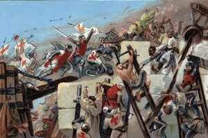 第一次十字军东征（1096-1099）：1099年7月15日，布永的戈德弗洛伊（Godefroi）（1061-1100）率领的croises占领了耶路撒冷。布鲁塞尔安托万巧克力的广告色版画，20世纪初。私人收藏 作者 匿名匿名
