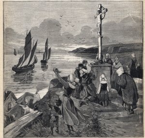 在冰岛捕鱼：渔民们离开布列塔尼。1893年3月12日在 "小巴黎人 "上的版画。 作者 匿名匿名