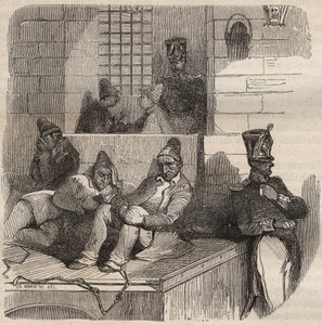 19世纪在罗什福尔监狱休息的福卡特。雕刻在 "Histoire des bagnes depuis leur création à nos jours"（1877）中，作者是皮埃尔-扎科内（1817-1895）（Colonia Penale-刑罚殖民地）。 作者 匿名匿名