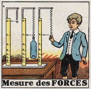 力：使用称为测力计的弹簧来测量力。1925年的匿名插图。私人收藏。 作者 匿名匿名