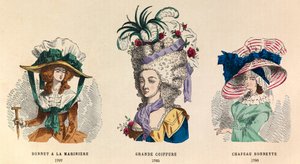 从左到右：1787年的水手帽；1785年的大发型和1786年的Bonnette帽--私人收藏 作者 匿名匿名