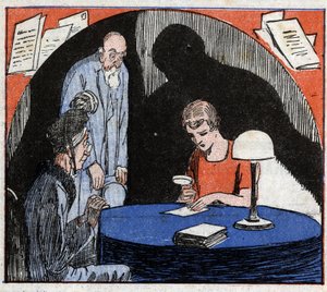 Graphology: a graphologist, consulted by an old couple, reads with a magnifying glass an individual