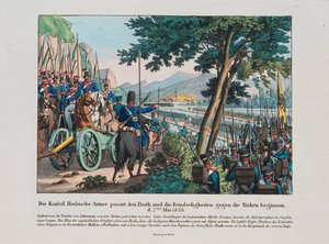 Guerre russo-turque de 1828-1829 - 俄罗斯军队于 1828 年 5 月穿过普鲁斯河进入摩尔达维亚，par Anonymous, c. 1830 年 - 蚀刻、水彩 作者 匿名匿名