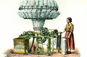 用于纺制羊毛的哈伯纳梳理机。19世纪的雕刻作品，私人收藏。 作者 匿名匿名