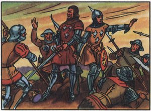 百年战争："法国国王好约翰二世（1319-1364）于1356年9月19日在普瓦提埃战役中被英国人俘虏"。无名氏插图，收录于 "法国国王和国家元首作品集"。20世纪。私人 作者 匿名匿名