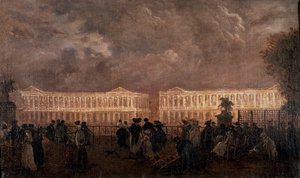 1782 年在巴黎的路易十五广场（现在的协和广场）的照明 左边是现在的克里永酒店，右边是海洋酒店（Hotel du Garde Meuble）。 匿名绘画 作者 匿名匿名