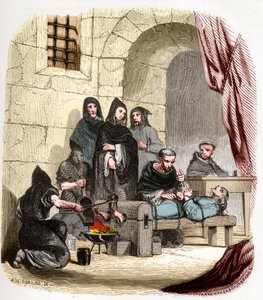 15世纪西班牙的宗教裁判所。勃艮第的玛丽（1457-1482）被指控为犹太人，被（圣人）阿尔布斯的彼得（佩德罗）（1441/1442-1485），西班牙的审问者折磨：他正在烧他的脚。在 "宗教裁判所之谜 "中的插图。 作者 匿名匿名