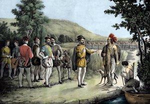 雅克-卡蒂尔，他于1535年在Hochelaga（现在的蒙特利尔）与印第安人的第一次会面（石印）。 作者 匿名匿名