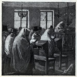 犹太节日：节日期间在礼拜堂内祈祷时的信仰。 雕刻于 1892 年的“Le monde illustree”。私人收藏。 作者 匿名匿名