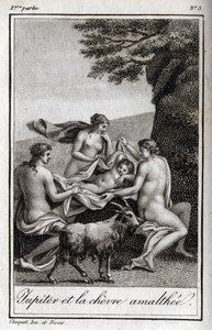由山羊Amalthee喂养的朱庇特小孩。1819年的雕版画，载于查尔斯-阿尔伯特-德穆斯特（1760-1801）的 "Lettres a Emilie sur la mythologie"。私人收藏。 作者 匿名匿名