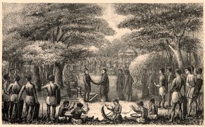 勒布希国王欢迎亨利-德佩尔钦（1822-1900），他是耶稣会传教士，也是非洲上赞比西亚传教区的第一任长官。路易-尤金(Louis Eugene)-卢韦(Louvet)在 "Les Missions Catholiques au XIXeme Siecle "中的雕刻，私人收藏。 作者 匿名匿名