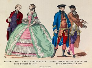 左图：1760年，穿着大篮子衣服的Elegante，蒙丹教士/右图。1760年身着狩猎服和步行服的年轻人（路易十五国王的王室）--私人收藏 作者 匿名匿名