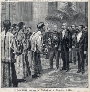 李鸿章在爱丽舍宫受到共和国总统费利克斯-福尔（1841-1899）的接待。雕刻在 "小巴黎人 "中" 作者 匿名匿名