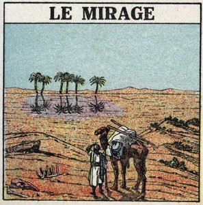 光的折射：海市蜃楼。大气折射使人产生沙漠中出现绿洲的错觉。1925年的匿名插图。私人收藏。 作者 匿名匿名