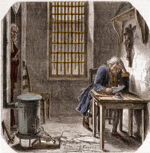 路易十六（1754-93）在圣殿宣读遗嘱 1792年--1792年12月25日，路易十六在圣殿的塔楼上宣读他的遗嘱--阿尔方斯-德-拉马丁（1790-1869）在《吉伦特人的历史》中的雕刻，1865-1866--私人收藏。 作者 匿名匿名
