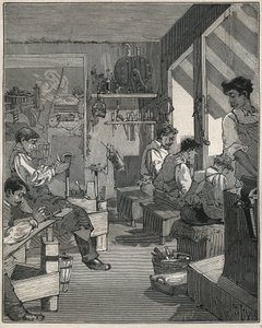 19世纪法国一家作坊的梳子制造。1885年阿道夫-比塔尔（Adolphe BITARD）在 "Les arts et metiers illustrstres "中的版画。 作者 匿名匿名