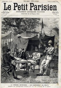 马尚任务营。让-巴蒂斯特（Jean Baptiste）-马尚（1863-1934），他的左边是巴拉蒂尔上尉，右边是维克多-伊曼纽尔-拉戈（1867-1916）中尉和杰曼上尉。1897年12月26日在 "Le Peute Parisien "上。私人收藏 作者 匿名匿名