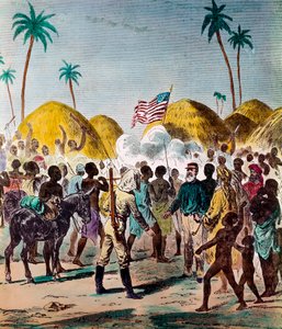 1871年11月10日，记者亨利-莫顿-斯坦利（1841-1904）和英国医生兼探险家大卫-利文斯通（1813-1873）在坦桑尼亚会面。19世纪的雕版印刷品 私人收藏 作者 匿名匿名