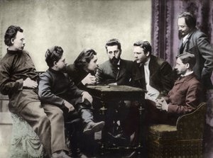 19世纪90年代后半期由俄罗斯现实主义作家组成的斯雷达文学圈的成员 - 文学团体Znanie的俄罗斯知识分子的肖像：从左到右，安德烈-斯基塔列茨（Stephan Gabrilovich Petrov），列昂尼德-尼古拉耶维奇 作者 匿名匿名