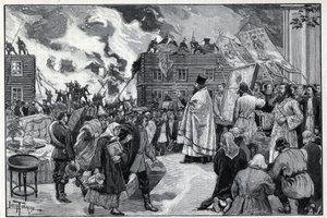 莫斯科，卡卢加郊区的火灾：东正教神职人员展示圣像（Holy Images），试图保护城市，消防员在灭火。1892年 "Le monde illustree "中的雕版画。私人收藏。 作者 匿名匿名