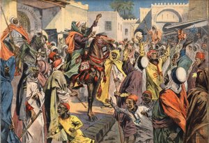 穆雷-哈菲德（Moulay-Hafid）向非斯宣布成为苏丹：公共传令官向人群宣布了该宣言。雕刻自报纸 "Le Petite Parisien"，1908年1月26日。私人收藏。 作者 匿名匿名