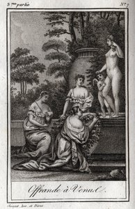 献给维纳斯。小爱（angelots）聚集在一起向女神阿佛洛狄忒致敬。1819年的雕版画，载于查尔斯-阿尔伯特-德穆斯特（1760-1801）的 "Lettres a Emilie sur la mythologie"。私人收藏。 作者 匿名匿名