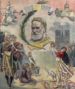 在法国诗人和作家维克多-雨果（1802-1885）诞辰一百周年之际，"小杂志 "之一向他致意。他的小说中的人物被表现出来（艾斯梅拉达、卡西莫多、珂赛特）。02/03/1902 私人收藏 作者 匿名匿名