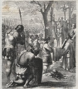 神圣罗马帝国皇帝奥托一世在莱赫费尔德战役前接受圣餐（955年）--德国皇帝奥托一世（Othon）（912-973年）在955年莱赫费尔德战役前接受圣餐--1864年的雕刻作品 作者 匿名匿名
