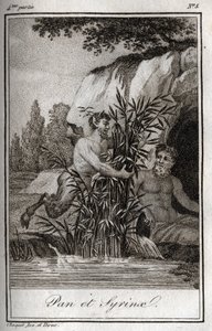 潘和仙女Syrinx变成了芦苇（潘和仙女Syrinx）。1819年的雕版画，载于查尔斯-阿尔伯特-德穆斯特（1760-1801）的 "Lettres a Emilie sur la mythologie"。私人收藏。 作者 匿名匿名