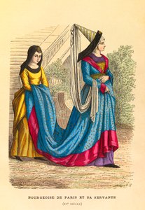 15世纪来自巴黎的资产阶级与她的女仆的肖像和服装，版画--私人收藏 作者 匿名匿名