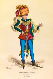 1480年巴黎一位年轻优雅人士的肖像和服装，雕版画 - 私人收藏 作者 匿名匿名