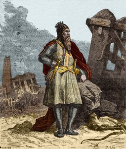 弗雷德里克一世（Hauhenstaufen）的肖像，被称为弗雷德里克-巴贝鲁斯（Federico Barbarossa）（1122-1190），德国罗马皇帝。19世纪的雕版画。 作者 匿名匿名