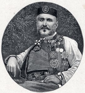 黑山的尼古拉一世（Nikola I Petrovic-Njegos）（Petrovic Njegos）（1841-1921）的肖像，黑山和贝尔达的王子。雕刻在 "Les Missions Catholiques au XIXeme Siecle "中，作者是Louis-Eugene（路易-尤金）-Louvet。私人收藏。 作者 匿名匿名