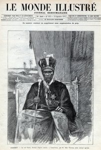 达荷美（贝宁）国王托法一世（Toffa）（约1850-1908年）到波多诺伏（Porto Novo）的画像。一份报纸。1892年的 "Le monde illustrstree "中的雕刻。私人收藏。 作者 匿名匿名