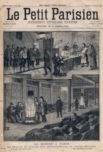 巴黎的贫困：三月的艺术宫（Palais des arts-liberaux）的避难所--在一个庇护所的门口--分发汤品。1891年在《小巴黎人》上的版画。私人收藏。 作者 匿名匿名