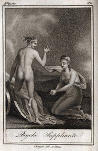 普西琪在乞讨。1819年的雕版画，载于查尔斯-阿尔伯特-德穆斯特（1760-1801）的《Lettres a Emilie sur la mythologie》。私人收藏。 作者 匿名匿名