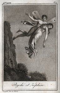 被Zephyr带走的Psyche。1819年的雕版画，载于查尔斯-阿尔伯特-德穆斯特（1760-1801）的 "Lettres a Emilie sur la mythologie"。私人收藏。 作者 匿名匿名