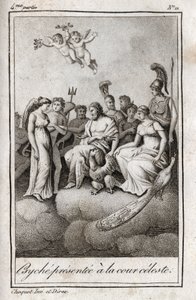呈现给天庭的赛琪。1819年的雕版画，载于查尔斯-阿尔伯特-德穆斯特（1760-1801）的 "Lettres a Emilie sur la mythologie"。私人收藏。 作者 匿名匿名