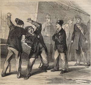 19世纪在土伦巴格纳的格斗场景。皮埃尔-扎科内（Pierre Zaccone）（1817-1895年）在 "Histoire des bagnes depuis leur création à nos jours"（1877年）中的雕刻（Colonia Penale--刑罚殖民地）。私人收藏。 作者 匿名匿名