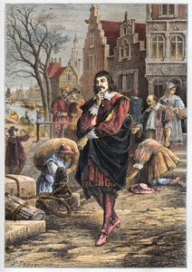 Rene Descartes (1596-1650), French philosopher and mathematician walking through the streets of Amsterdam - Descartes in Amsterdam - engraving from “” L