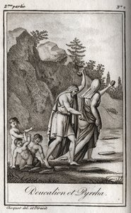 Deucalion 和 Pyrrha 的代表，他们是宙斯毁灭人类的洪水之后唯一的幸存者。 洪水过后的忒弥斯要求他们蒙着头走路，把他们母亲的骨头（地球的石头）扔在他们身后（Re 作者 匿名匿名